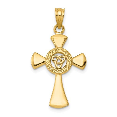 14k Solid Yellow Gold Eternity Celtic Iona Claddagh Cross Charm Pendant 1.25" Long x .7" Width. Classic Religious Irish Jewelry