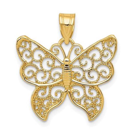 Solid 14K Yellow Gold Filigree Butterfly Pendant Charm .86" Long x .75" Wide