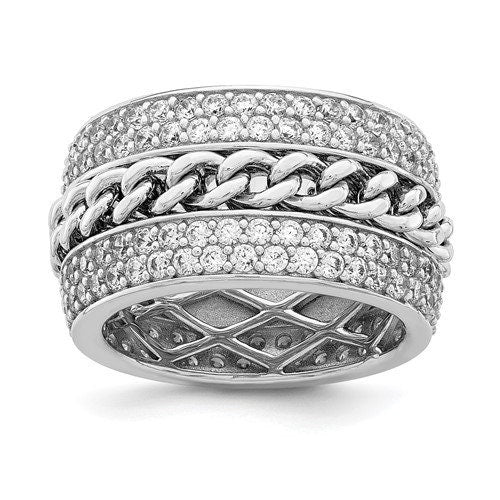 Bold Sterling Silver wedding band anniversary band chunky spinning chain Ring with Cubic Zirconia 12mm wide