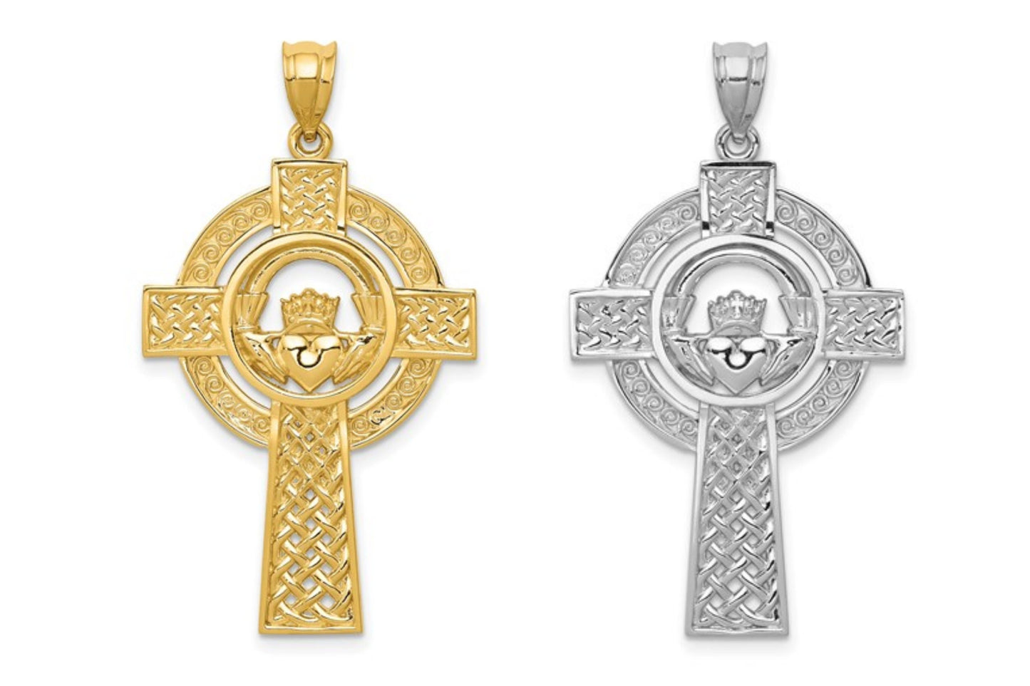 14k Solid Yellow or White Gold Celtic Iona Claddagh Cross Charm Pendant 1.5" Long x .8" Width. Classic Religious Irish Jewelry