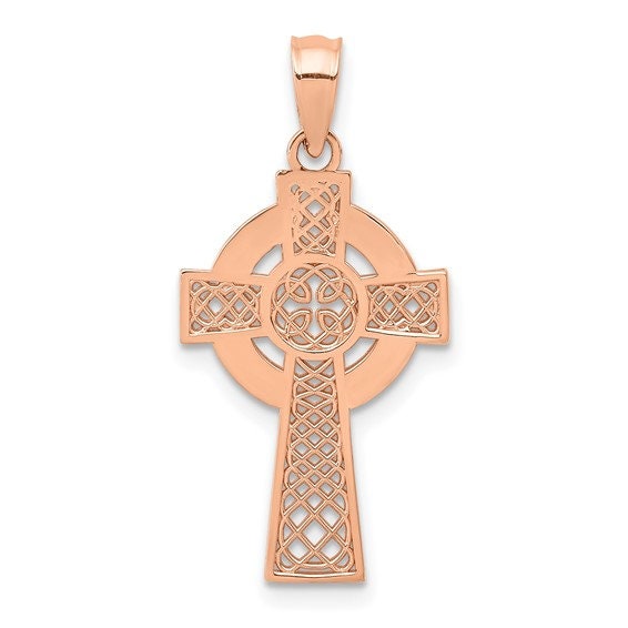 14k Solid Rose Gold Celtic Iona Claddagh Cross Charm Pendant 1" Long x .5" Width. Classic Religious Irish Jewelry