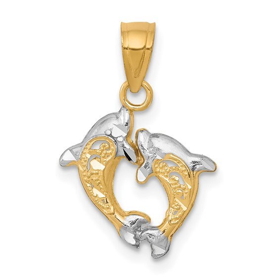 10k Solid Yellow and White Gold Small Dolphins Pendant Charm for a Chain or Necklace .75" Long Not Gold Plated. Real 10K Gold