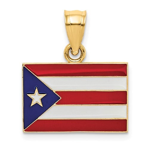 14K Solid Yellow Gold Enameled Puerto Rico Flag Pendant Charm .8" Long