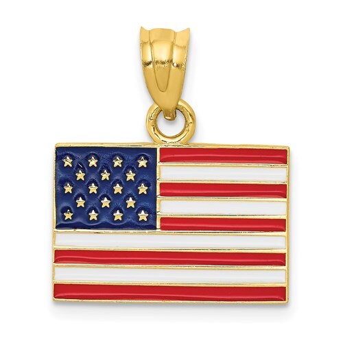 14K Solid Yellow Gold Enameled United States American Flag Pendant Charm .8" Long