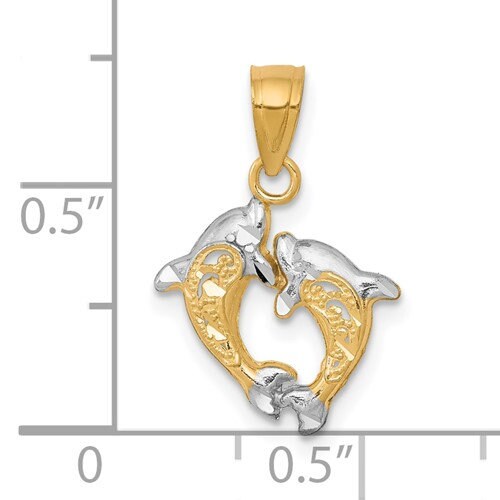 10k Solid Yellow and White Gold Small Dolphins Pendant Charm for a Chain or Necklace .75" Long Not Gold Plated. Real 10K Gold