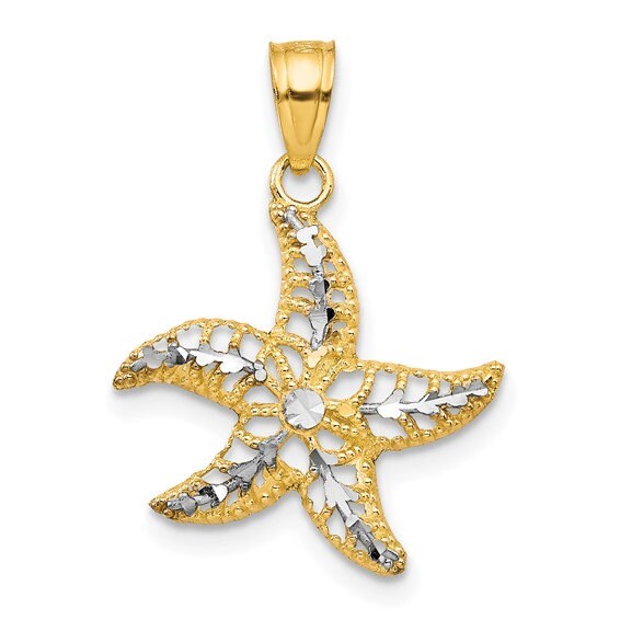 10k Solid Yellow and White Gold Small Starfish Pendant Charm for a Chain or Necklace .75" Long Not Gold Plated. Real 10K Gold