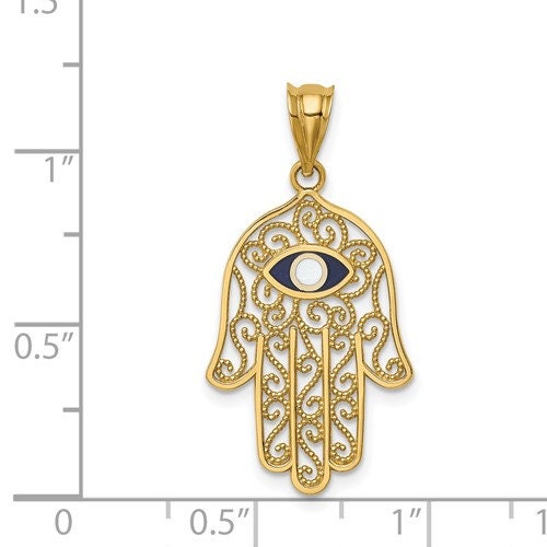 14k Polished and Enameled Solid Yellow Gold Hamsa or Chamseh Evil Eye Pendant Charm for a Chain or Necklace 1" Long Not Gold Plated.