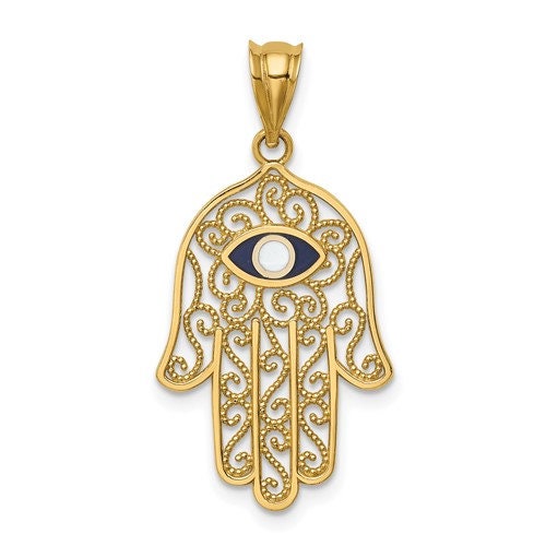 14k Polished and Enameled Solid Yellow Gold Hamsa or Chamseh Evil Eye Pendant Charm for a Chain or Necklace 1" Long Not Gold Plated.