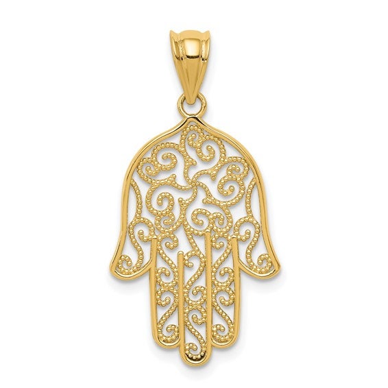 14k Polished Solid Yellow Gold Hamsa or Chmseh Evil Eye Filigree Pendant Charm for a Chain or Necklace 1" Long Not Gold Plated.Real 14K Gold