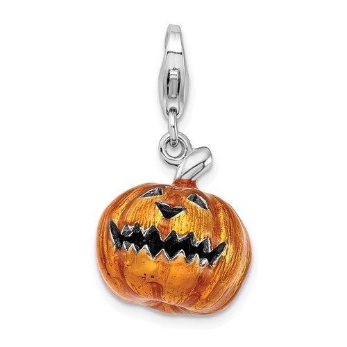 Sterling Silver .925 Enameled 3-D Blue Jack o Lantern Pumpkin Halloween Charm with Lobster Clasp Ideal for Charm Bracelet or Necklace 1.3"