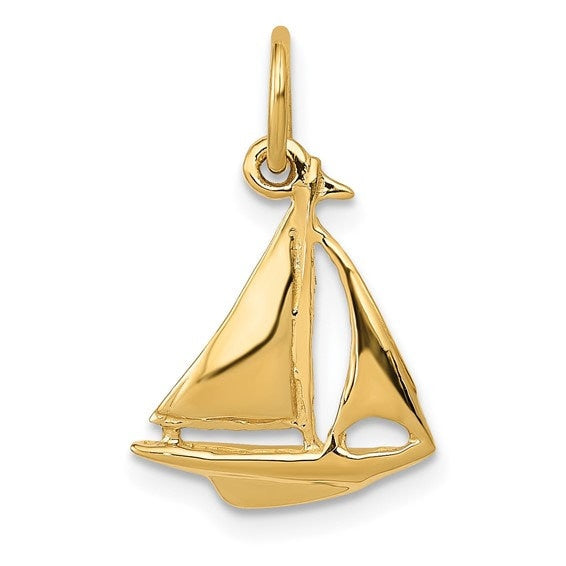 14k Solid Small Yellow or white Gold 3-D Polished Sailboat Pendant Charm for a Chain, Necklace or Bracelet. 3/4" Long. Real 14K Gold