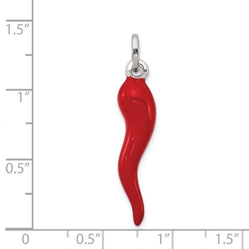 Sterling Silver .925 3-D Enameled Italian Horn Red Pepper Charm for a Chain, Necklace or Bracelet 1.3" long