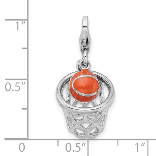 Sterling Silver .925 Enameled 3-D Moveable Basketball in Net Charm with Lobster Clasp Ideal for Charm Bracelet or Necklace 1.2"