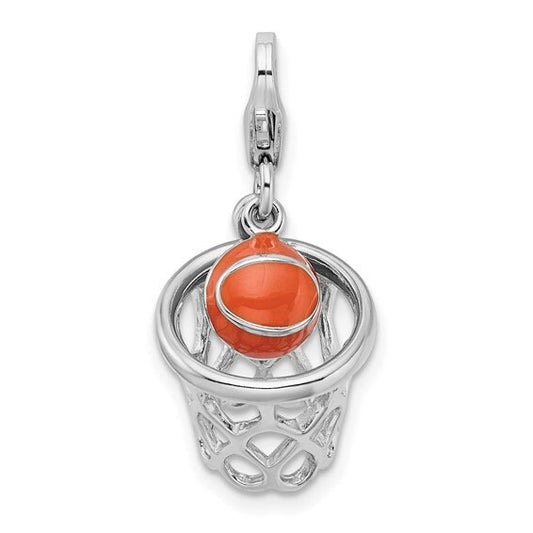 Sterling Silver .925 Enameled 3-D Moveable Basketball in Net Charm with Lobster Clasp Ideal for Charm Bracelet or Necklace 1.2"