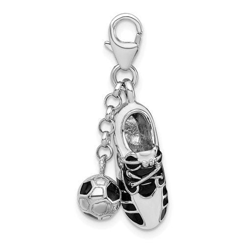 Sterling Silver .925 Enameled 3-D Moveable Soccer Shoe and Ball Charm with Lobster Clasp Ideal for Charm Bracelet or Necklace 1.4"