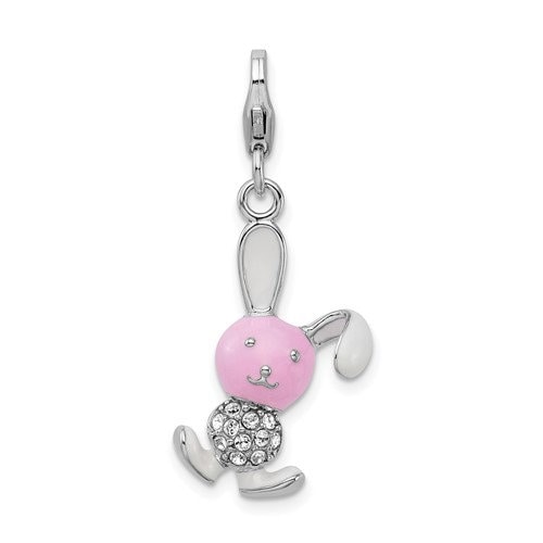 Sterling Silver .925 Enameled 3-D Bunny Charm with Lobster Clasp Ideal for Charm Bracelet or Necklace 1.4"