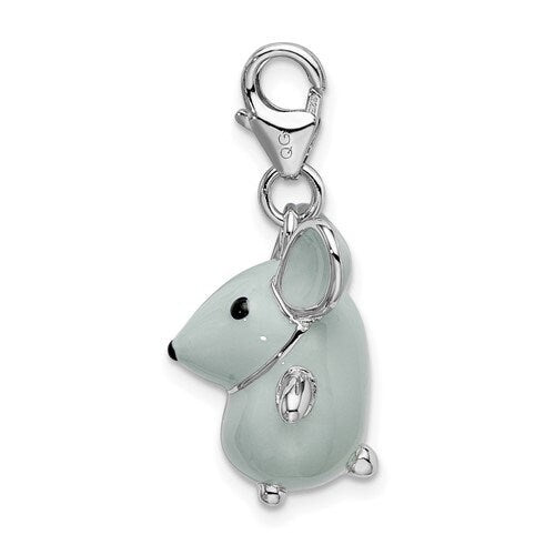 Sterling Silver .925 Enameled 3-D Grey Mouse Charm with Lobster Clasp Ideal for Charm Bracelet or Necklace 1.2"