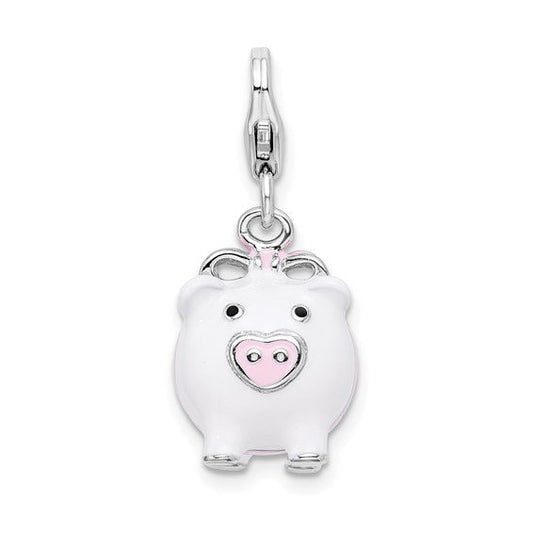 Sterling Silver .925 Enameled 3-D White Pig Charm with Lobster Clasp Ideal for Charm Bracelet or Necklace 1"