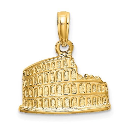 14K Solid Yellow Gold Textured Italy Coliseum Charm Pendant Charm .6" Longx.6" Wide. Destination Travel Great 4 Necklace or Charm Bracelet