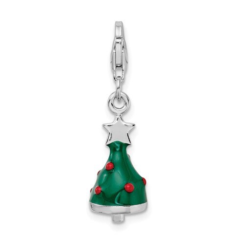 Sterling Silver .925 Enameled 3-D Christmas Tree Charm with Lobster Clasp Ideal for Charm Bracelet or Necklace 1"