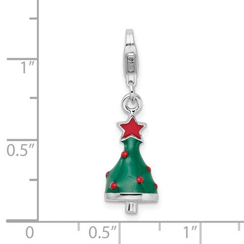 Sterling Silver .925 Enameled 3-D Christmas Tree Charm with Lobster Clasp Ideal for Charm Bracelet or Necklace 1"