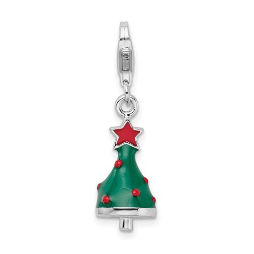 Sterling Silver .925 Enameled 3-D Christmas Tree Charm with Lobster Clasp Ideal for Charm Bracelet or Necklace 1"