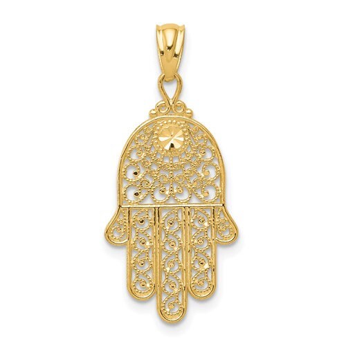 14k Polished Solid Yellow Gold Hamsa or Chamseh Evil Eye Filigree Pendant Charm for a Chain or Necklace 1" Long Not Gold Plated. Real 14K