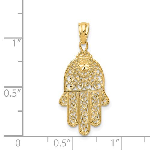 14k Polished Solid Yellow Gold Hamsa or Chamseh Evil Eye Filigree Pendant Charm for a Chain or Necklace 1" Long Not Gold Plated. Real 14K