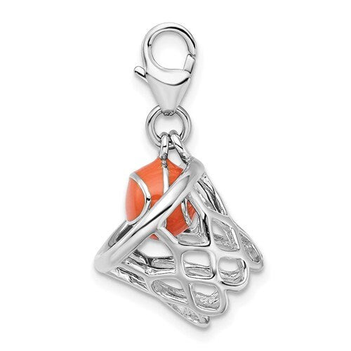 Sterling Silver .925 Enameled 3-D Moveable Basketball in Net Charm with Lobster Clasp Ideal for Charm Bracelet or Necklace 1.2"