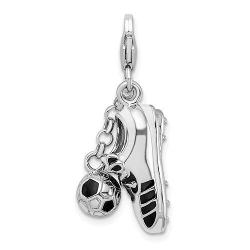 Sterling Silver .925 Enameled 3-D Moveable Soccer Shoe and Ball Charm with Lobster Clasp Ideal for Charm Bracelet or Necklace 1.4"