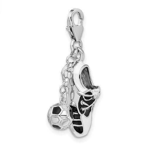 Sterling Silver .925 Enameled 3-D Moveable Soccer Shoe and Ball Charm with Lobster Clasp Ideal for Charm Bracelet or Necklace 1.4"