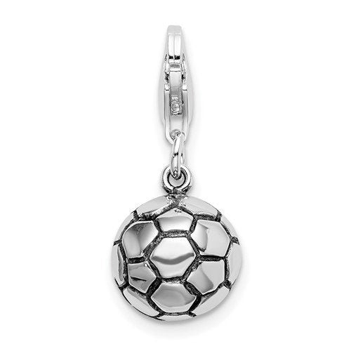 Sterling Silver .925 Enameled 3-D Soccer Ball Charm with Lobster Clasp Ideal for Charm Bracelet or Necklace .7"
