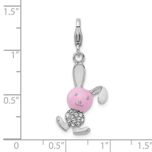 Sterling Silver .925 Enameled 3-D Bunny Charm with Lobster Clasp Ideal for Charm Bracelet or Necklace 1.4"