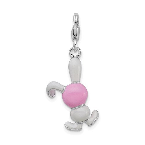 Sterling Silver .925 Enameled 3-D Bunny Charm with Lobster Clasp Ideal for Charm Bracelet or Necklace 1.4"