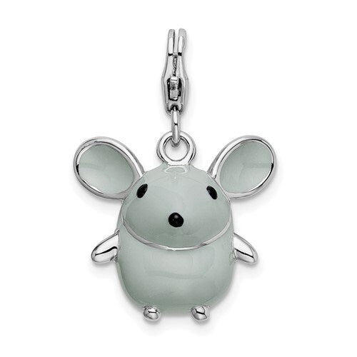 Sterling Silver .925 Enameled 3-D Grey Mouse Charm with Lobster Clasp Ideal for Charm Bracelet or Necklace 1.2"