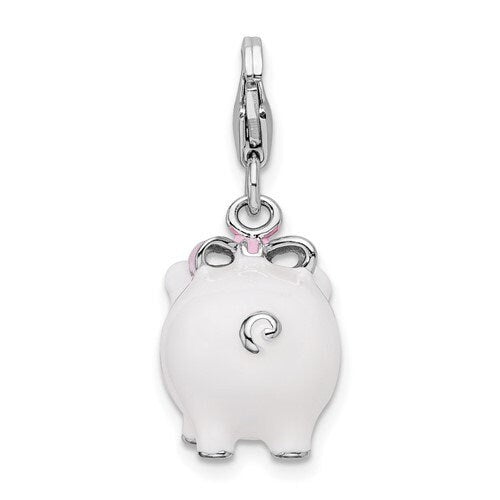 Sterling Silver .925 Enameled 3-D White Pig Charm with Lobster Clasp Ideal for Charm Bracelet or Necklace 1"