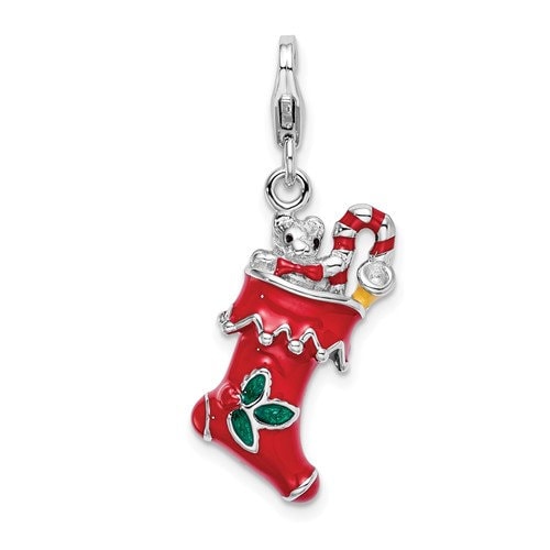Sterling Silver .925 Enameled 3-D Christmas Holiday Stocking Charm with Lobster Clasp Ideal for Charm Bracelet or Necklace 1"