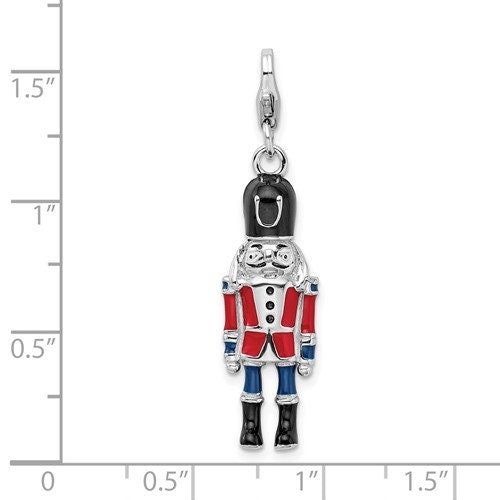 Sterling Silver .925 Enameled 3-D Christmas Nutcracker Charm with Lobster Clasp Ideal for Charm Bracelet or Necklace 1"