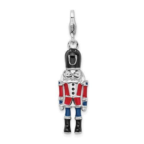 Sterling Silver .925 Enameled 3-D Christmas Nutcracker Charm with Lobster Clasp Ideal for Charm Bracelet or Necklace 1"