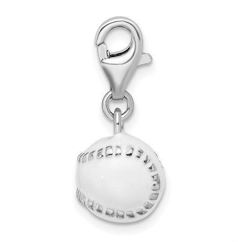 Sterling Silver .925 Enameled 3-D Polished and Enameled Baseball Charm with Lobster Clasp Ideal for Charm Bracelet or Necklace