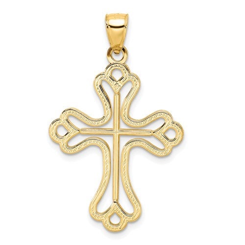 14k Solid Yellow Gold Polished and Beaded Fleur de Lis Cross Charm Pendant 1.2" Long x .8" Width