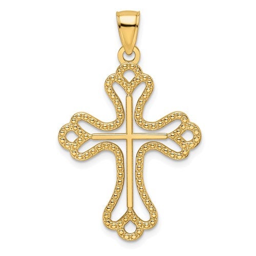 14k Solid Yellow Gold Polished and Beaded Fleur de Lis Cross Charm Pendant 1.2" Long x .8" Width