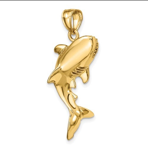 14K Solid Yellow Gold 3-D Polished Shark Pendant Charm .9" Long x 1.25" Wide 6.3 grams