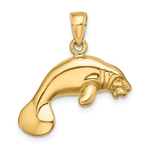 14K Solid Yellow Gold 3-D Polished Swimming Manatee Pendant Charm .5" Long x .9" Wide 4.9 grams