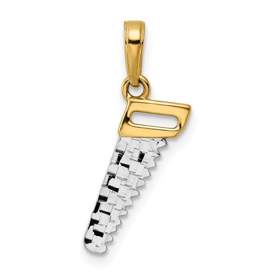 14K 3D Solid Yellow & White Gold Diamond Cut Saw Charm Pendant Charm .9" Long x .4" Wide. Occupations. Great 4 Necklace / Charm Bracelet