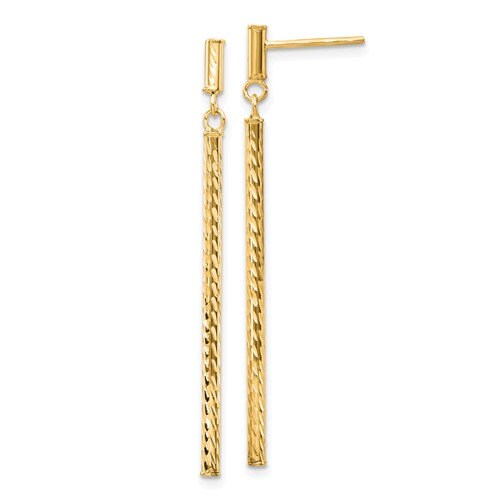 14K Yellow Gold Polished & Diamond Cut Bar Dangle Post 1.6" Long Earrings, Simple Minimalist Dainty Modern NOT gold filed NOT gold-plated
