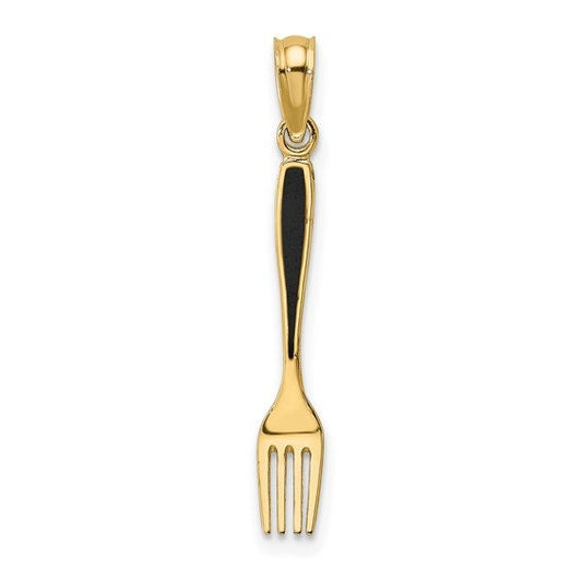 14K or 10K Solid Yellow Gold Polished Black Enamel 3-D Table Fork Charm Pendant Charm .8" Long x 4mm Wide. Great 4 Necklace / Charm Bracelet