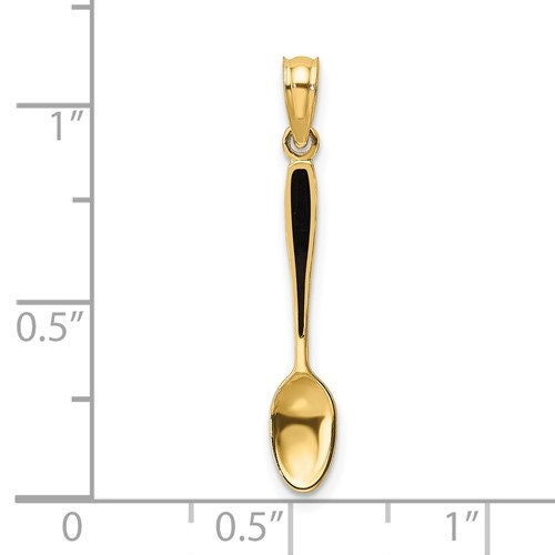 14K Solid Yellow Gold Polished Black Enamel 3-D Table Spoon Charm Pendant Charm .8" Long x 4mm Wide. Great 4 Necklace / Charm Bracelet