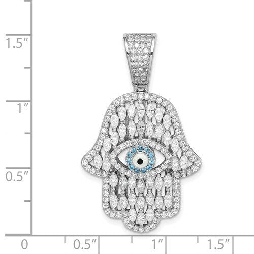 Large 925 Sterling Silver Rhodium-plated Hamsa or Chamseh Evil Eye Pendant Charm for a Chain or Necklace 1.4" Long Cubic Zirconia