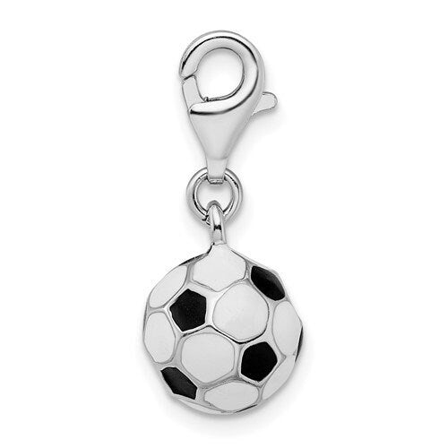Sterling Silver .925 Enameled 3-D Soccer Ball Charm with Lobster Clasp Ideal for Charm Bracelet or Necklace .8"